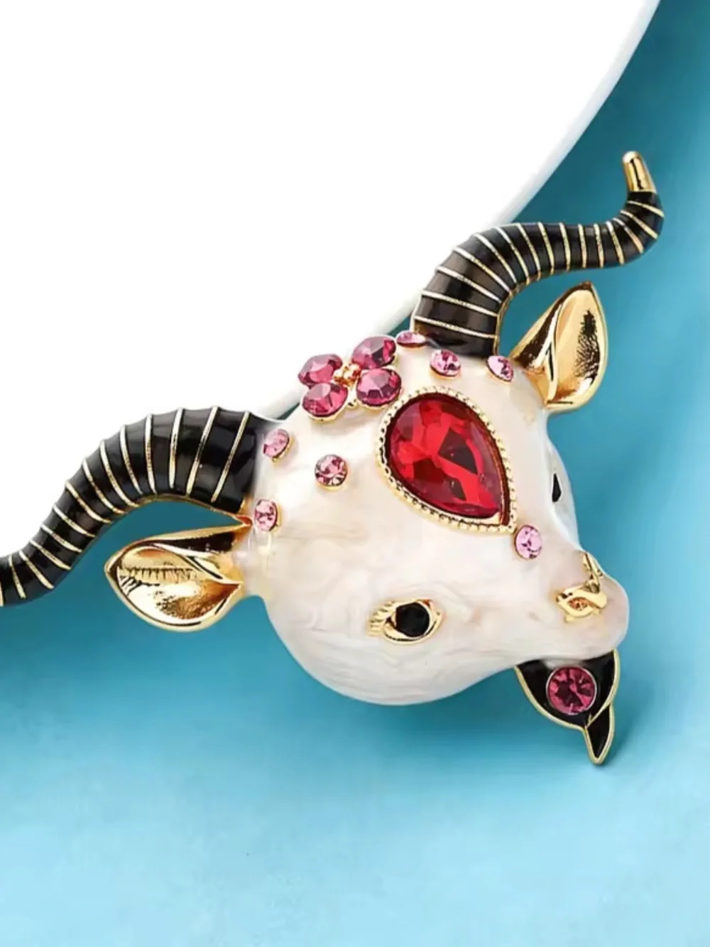 Luxury Ram Goat Head Red Ruby Crystal Brooch
